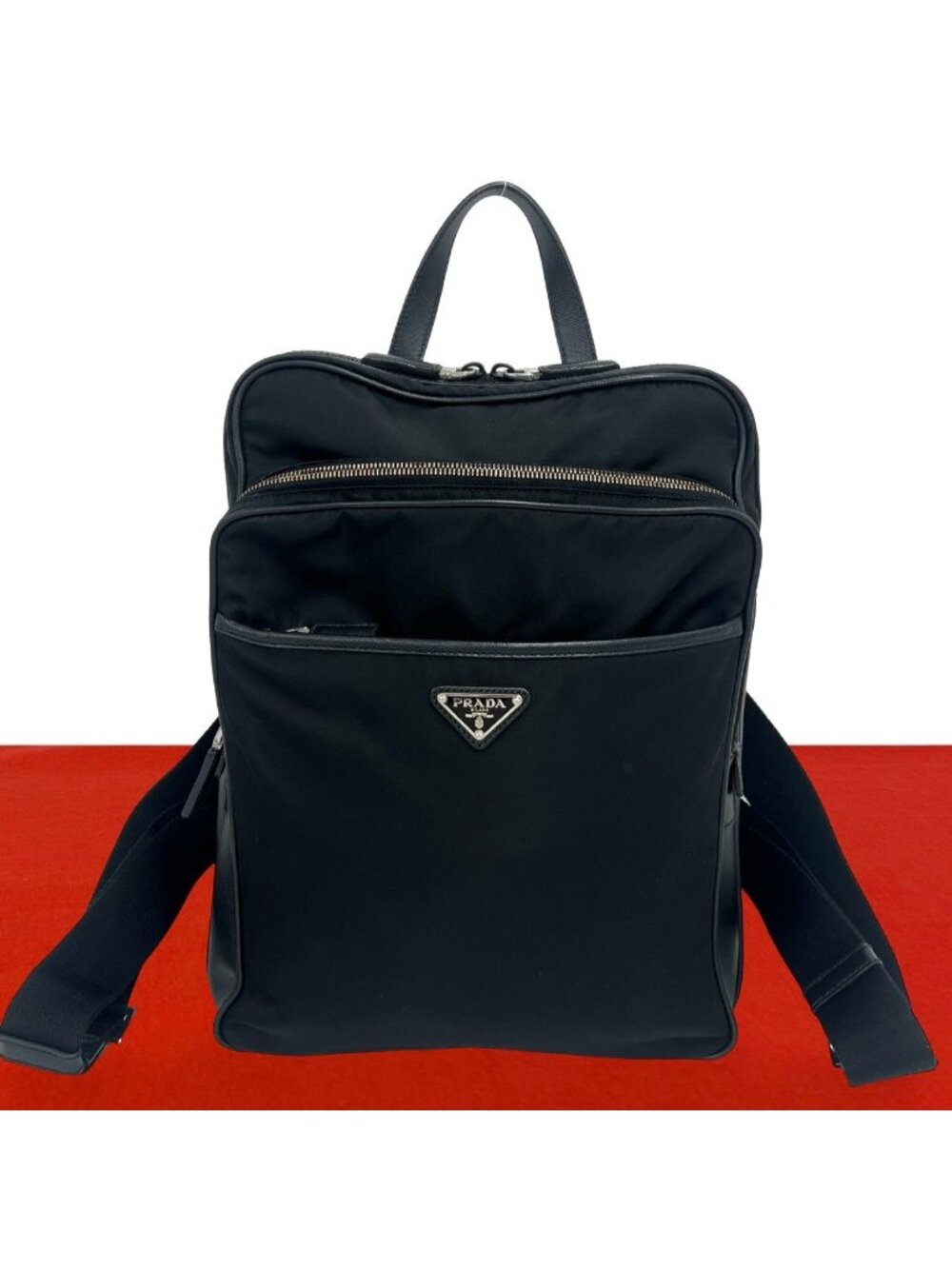 Prada Triangle Logo Tessuto Nylon Saffiano Leather Backpack Black